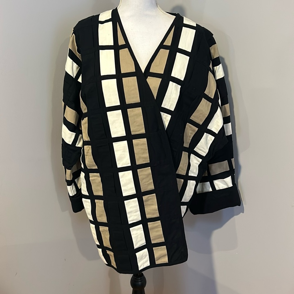 Vtg Yak Magik Patchwork Woven Pattern Jacket Size XL Black Tan White Oversized